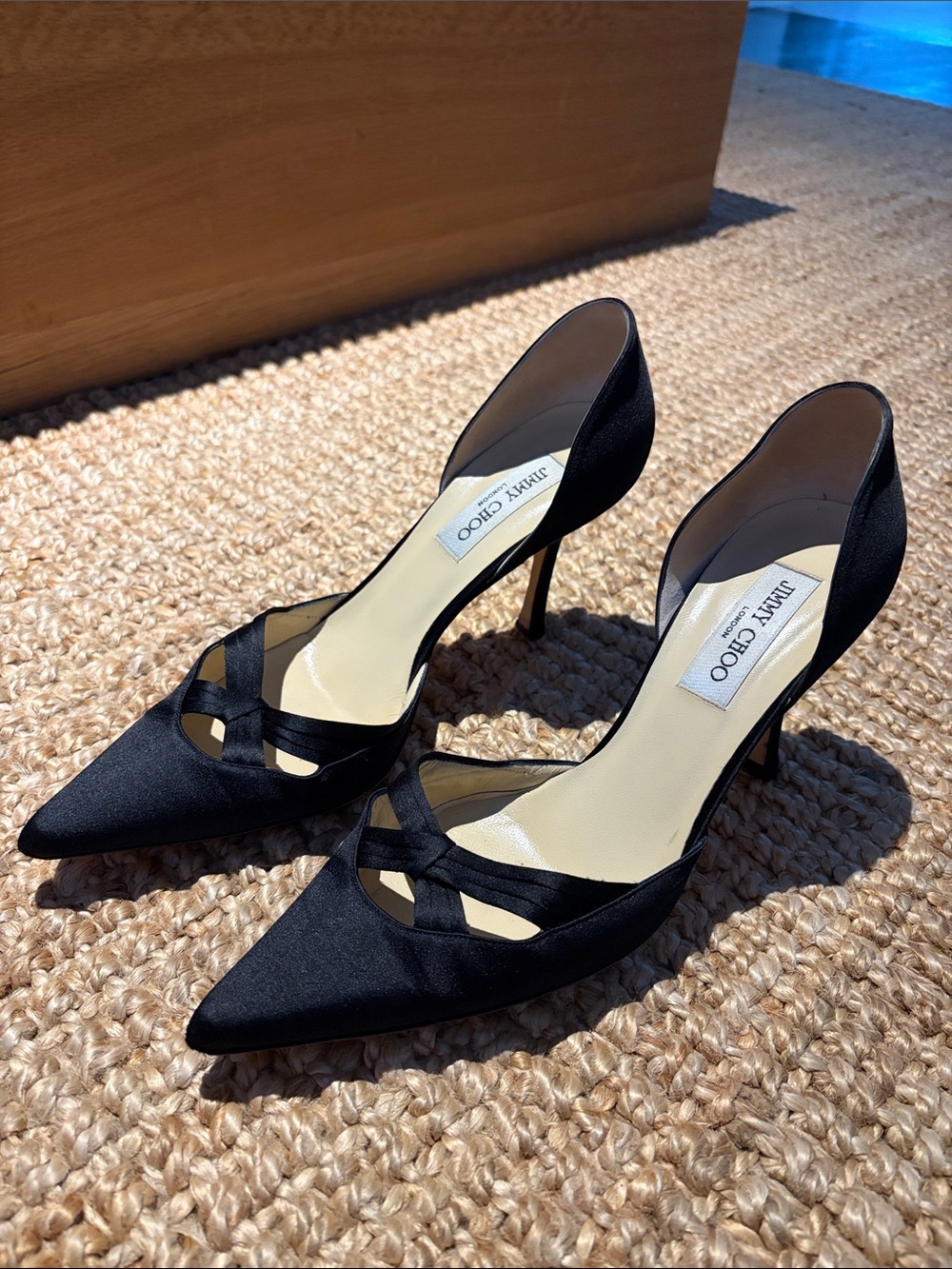Jimmy Choo Black Satin Pointed D'Orsay Cross-Strap Heels